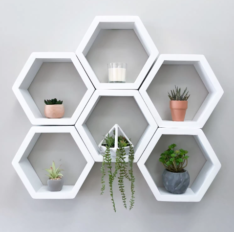 Set of 6 White Honeycomb Shelves wood storage shelf display Geometric wooden Floating Hexagon wall Shelf kitchen furniture